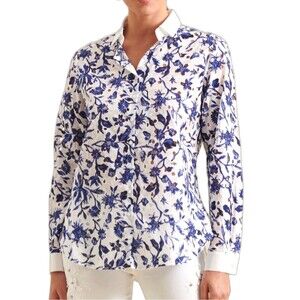 Anne Fontaine Blue Eyelet Embroidered Floral Button Down Blouse Parisian Chic
